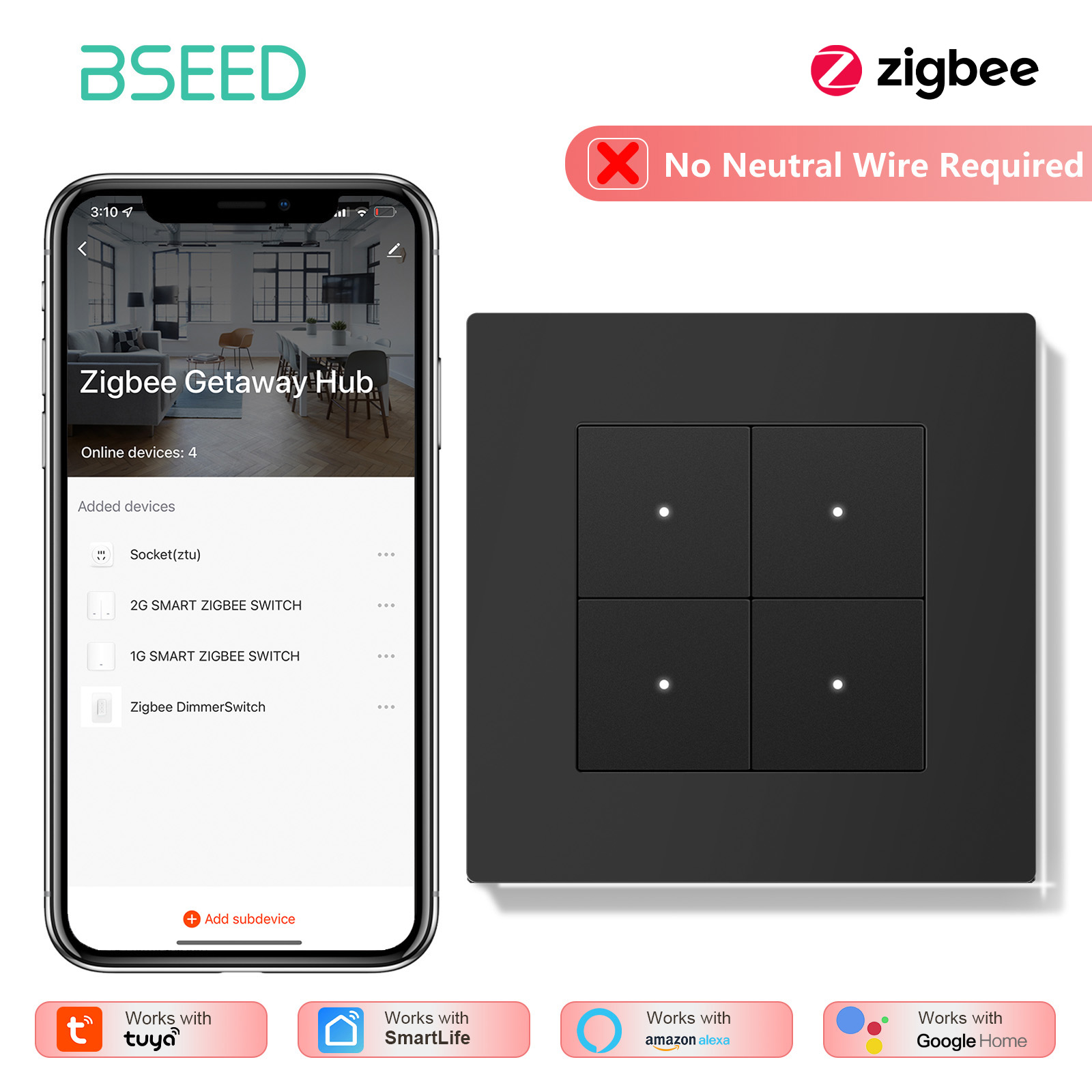 BSEED 1/2/3/4Gang Zigbee Light - Tuya 4 Channel ulasan dan harga